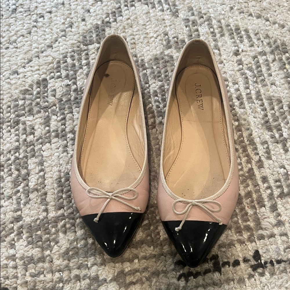 J. Crew Two-Tone nude/blush and Black patent Pointed Toe Ballet Flats